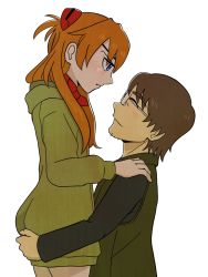Rule 34 | 1boy, 1girl, age difference, aida kensuke, ass grab, blue eyes, blush, brown hair, comic, couple, evangelion: 3.0+1.0 thrice upon a time, expressionless, face-to-face, glasses, green jacket, grin, hair ornament, hairclip, hand on another&#039;s shoulder, highres, holding person, hood, hood down, hug, jacket, long hair, neon genesis evangelion, rebuild of evangelion, scarf, smile, souryuu asuka langley, twintails