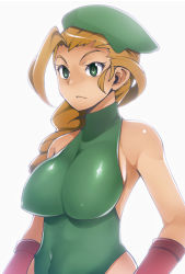 Rule 34 | 1girl, bad id, bad pixiv id, beret, blonde hair, breasts, cammy white, capcom, covered erect nipples, green eyes, hat, kosame daizu, large breasts, leotard, solo, street fighter