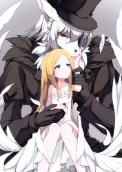 Rule 34 | 1boy, 1girl, absurdres, animal ears, bare arms, bare shoulders, black gloves, black headwear, black souls, blonde hair, blue eyes, bright pupils, chinese commentary, dress, edith (black souls), furry, furry male, furry with non-furry, gloves, hand on another&#039;s face, hand up, hat, highres, interspecies, jack (black souls), jewelry, knees together feet apart, long hair, long sleeves, looking at another, parted bangs, pupa jiang, red eyes, ring, sitting, size difference, straight hair, strap slip, top hat, white dress, white fur, white hair, white pupils, wolf boy, wolf ears
