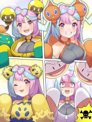 Rule 34 | 1girl, :d, alternate color, bellibolt, blush, breasts, commentary request, creatures (company), electrode (pokemon), fang, game freak, gen 4 pokemon, gen 5 pokemon, grey shirt, grin, highres, iono (pokemon), jacket, joltik, katwo, long hair, medium breasts, multiple views, nintendo, open mouth, pink hair, pokemon, pokemon (creature), pokemon sv, rotom, rotom (normal), shaded face, shirt, sleeveless, sleeveless shirt, smile, sweat, tadbulb, teeth, tongue, upper teeth only, yellow jacket