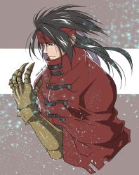 Rule 34 | 1boy, artist name, black hair, brown background, clawed gauntlets, cloak, closed mouth, cropped torso, dated, final fantasy, final fantasy vii, hair between eyes, hand up, headband, high collar, highres, long hair, looking to the side, male focus, red cloak, red eyes, red headband, solo, takehide, torn clothes, two-tone background, upper body, vincent valentine, white background