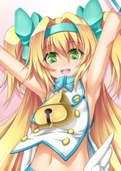 Rule 34 | 1girl, arc system works, armpits, arms up, bell, blazblue, blazblue: continuum shift, blonde hair, cowbell, female focus, green eyes, hairband, heart, heart-shaped pupils, long hair, looking at viewer, low-tied long hair, navel, open mouth, platinum the trinity, quad tails, roura, smile, solo, symbol-shaped pupils, twintails, two side up, upper body, very long hair