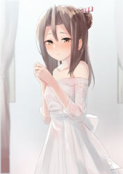 Rule 34 | 1girl, alternate costume, blurry, blurry background, blush, brown eyes, closed mouth, collarbone, dress, hair between eyes, highres, jewelry, kantai collection, light brown hair, long hair, looking at viewer, ring, sakieko, see-through, see-through sleeves, sleeves past elbows, smile, solo, upper body, wedding ring, white dress, zuihou (kancolle)