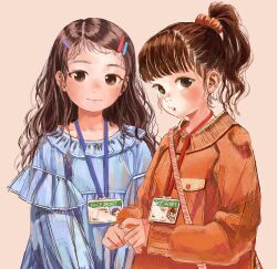 Rule 34 | 2girls, blue dress, blush, brown eyes, brown hair, dress, eikoh, hair ornament, hair scrunchie, hairclip, high ponytail, highres, id card, lanyard, long hair, looking at viewer, multiple girls, open mouth, orange sweater, original, own hands together, pink background, scrunchie, simple background, smile, sweater, upper body