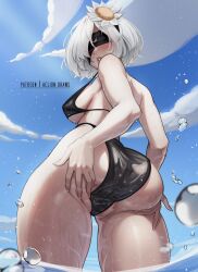 Rule 34 | 1girl, 2b (nier:automata), aelion draws, ass, ass support, bikini, black blindfold, blindfold, blue sky, breasts, flower, hair flower, hair ornament, hair over one eye, highres, huge ass, large breasts, medium breasts, nier, nier:automata, nier (series), outdoors, short hair, sideboob, sky, swimsuit, thick thighs, thighs, wet, white hair