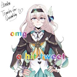Rule 34 | 1girl, akashicelegy, artist name, black hairband, black jacket, blue eyes, blue jacket, blue ribbon, bow, closed mouth, collared shirt, cowboy shot, cropped jacket, english text, firefly (honkai: star rail), grey hair, hair between eyes, hair bow, hair intakes, hair ribbon, hairband, hands on own hips, heart, highres, honkai: star rail, honkai (series), jacket, long hair, long sleeves, looking at viewer, meme, neckerchief, omg a hit tweet (meme), orange neckerchief, rainbow text, ribbon, shirt, sidelocks, simple background, sleeveless, sleeveless shirt, smirk, solo, straight-on, thank you, two-sided fabric, two-sided jacket, white background, white bow, white shirt