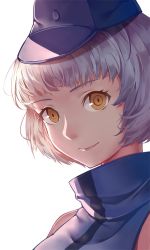 Rule 34 | 1girl, bare shoulders, blue hat, close-up, closed mouth, elizabeth (persona), hat, lips, looking at viewer, peaked cap, persona, persona 3, portrait, shade, short hair, silver hair, simple background, smile, solo, sweater vest, tareme, turtleneck, upper body, white background, xiao chichi, yellow eyes