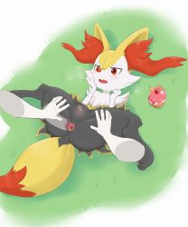 Rule 34 | 1boy, 1girl, anal, animal ear fluff, animal ears, animal hands, anus, ass juice, blush, braixen, cherry, cleft of venus, clitoris, creatures (company), cupcake, disembodied limb, erection, fang, food, fox ears, fox tail, fruit, full body, furry, game freak, gen 6 pokemon, grass, green background, hand on own face, hands up, hetero, highres, interspecies, just the tip, lying, nintendo, on back, open mouth, orange (fruit), orange slice, outdoors, pawpads, penis, pokemon, pokemon (creature), pokephilia, pussy, pussy juice, red eyes, sake kemosalmon, sex, shiny skin, spread legs, tail, uncensored, veins, veiny penis, x-ray