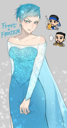 Rule 34 | ..., 1girl, 2boys, bare shoulders, blue dress, blue eyes, blue hair, blush, cape, cellphone, character name, copyright name, cosplay, crossover, dress, elsa (frozen), elsa (frozen) (cosplay), frost (mortal kombat), frozen, grey background, highres, holding, holding phone, long sleeves, looking at viewer, mortal kombat (series), multiple boys, phone, power connection, scorpion (mortal kombat), seacobalt, see-through, see-through sleeves, short hair, simple background, speech bubble, sub-zero, sweatdrop, v-shaped eyebrows