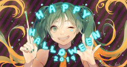 Rule 34 | 1girl, 2019, aqua eyes, aqua hair, commentary, green nails, halloween, hands up, happy halloween, hatsune miku, long hair, looking at viewer, nail polish, necktie, one eye closed, open mouth, orange hair, orange neckwear, smile, sparkle, spring onion, star (symbol), striped, striped background, sugata keburu, twintails, upper body, very long hair, vocaloid, wand