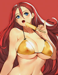 Rule 34 | 1girl, artist name, bare shoulders, bikini, blue eyes, blush, breasts, cleavage, food, gold bikini, gurimjang, hair between eyes, highres, holding, holding food, large breasts, long hair, looking at viewer, narrow waist, navel, open mouth, original, popsicle, red background, red hair, shiny skin, sidelocks, simple background, solo, swimsuit, upper body, yellow bikini