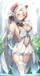 Rule 34 | 1girl, absurdres, ahoge, azur lane, bare shoulders, blush, breasts, bridal gauntlets, bridal veil, bride, bush, clothes lift, collarbone, commentary request, cowboy shot, cross, day, dress, garter straps, hair ornament, headgear, highres, iron cross, large breasts, long hair, looking at viewer, mole, mole on breast, multicolored hair, panties, pantyshot, parted lips, partially submerged, pleated skirt, prinz eugen (azur lane), prinz eugen (symphonic fate) (azur lane), see-through, short dress, showgirl skirt, sidelocks, silver hair, sitting, skirt, skirt lift, smile, solo, standing, streaked hair, thighhighs, two side up, underwear, veil, very long hair, wading, wedding dress, wet, wet clothes, white panties, white skirt, white thighhighs, yusha m