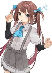 Rule 34 | 10s, 1girl, arm warmers, asagumo (kancolle), ascot, brown hair, collared shirt, grey eyes, grey skirt, hands up, hita (hitapita), kantai collection, looking at viewer, open mouth, pleated skirt, school uniform, shirt, simple background, skirt, solo, suspenders, twintails, upper body, white background