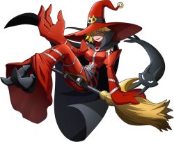 Rule 34 | 1girl, ass, bandai, black cape, breasts, broom, broom riding, cape, cat, digimon, digimon new century, dress, flying, full body, hat, large breasts, looking at viewer, official art, red dress, shaded face, sharp teeth, simple background, sitting, smile, solo, teeth, witch, witch hat, witchmon