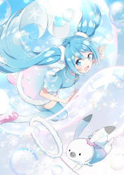 Rule 34 | 1girl, agonasubi, animal, aqua eyes, aqua hair, blue dress, blue thighhighs, borrowed design, bubble, bubble wand, cloud, commentary, dress, floating, floating hair, fur-trimmed hair tie, gradient dress, hatsune miku, highres, holding, holding wand, in bubble, looking at viewer, midair, open mouth, outdoors, pink dress, pink footwear, puffy short sleeves, puffy sleeves, rabbit, rabbit yukine, short sleeves, sky, smile, snowflakes, soap bubbles, thighhighs, vocaloid, wand, yuki miku, yuki miku (2023) (applicant)