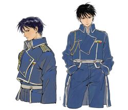 Rule 34 | 1boy, aiguillette, amestris military uniform, arms at sides, black eyes, black hair, blue jacket, blue pants, buttons, closed mouth, collared jacket, collared shirt, contrapposto, cropped legs, cropped torso, double-breasted, dress shirt, from side, fullmetal alchemist, grey shirt, half-closed eyes, hands in pockets, hdyjeon, head down, highres, jacket, looking afar, looking at viewer, looking back, male focus, messy hair, military, military jacket, military uniform, multiple views, pants, profile, roy mustang, serious, shirt, sideways glance, silver trim, simple background, swept bangs, tsurime, uniform, white background