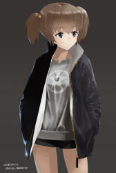 Rule 34 | 1girl, alisa (girls und panzer), artist name, autism wanderer, bad id, bad pixiv id, black background, black jacket, black shorts, brown eyes, brown hair, casual, closed mouth, commentary request, cowboy shot, dated, dog tags, freckles, girls und panzer, grey shirt, hair ornament, hands in pockets, highres, jacket, light frown, looking to the side, open clothes, open jacket, shirt, short hair, short shorts, short twintails, shorts, simple background, solo, standing, star (symbol), star hair ornament, twintails, zipper