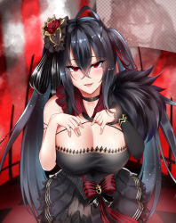 Rule 34 | 1girl, asymmetrical sleeves, azur lane, black choker, black hair, bow, breasts, choker, cleavage, crossed bangs, detached collar, dress, graphite (medium), hair ornament, hands on own chest, highres, kuzya, large breasts, long hair, looking at viewer, red bow, red eyes, red ribbon, ribbon, short dress, strapless, strapless dress, taihou (azur lane), taihou (muse) (azur lane), traditional media, uneven sleeves, very long hair