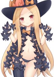 Rule 34 | 1girl, abigail williams (fate), bare shoulders, black bow, black hat, black panties, black thighhighs, blonde hair, blush, bow, commentary request, dot nose, fate/grand order, fate (series), flat chest, hat, hat bow, highres, hiyada yuu, long hair, navel, orange bow, panties, parted bangs, polka dot, polka dot bow, red eyes, simple background, single thighhigh, smile, solo, thighhighs, underwear, very long hair, white background, witch hat