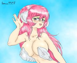Rule 34 | 1girl, aina fieeria, bare shoulders, blue background, breasts, gentaro araki, gradient background, large breasts, lemur 2003, long hair, looking at viewer, medium breasts, neo gentle, pink hair, pink theme, revealing clothes, sexbeast, simple background, solo, upper body