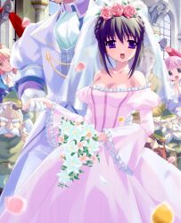 Rule 34 | 3girls, 6+boys, bare shoulders, bouquet, breasts, bride, brown hair, church, cleavage, dress, dwarf (grimm), flower, game cg, kagami no naka no orgel, multiple boys, multiple girls, nini (delta), open mouth, pink flower, pink rose, purple eyes, rose, snow white, snow white (grimm), snow white and the seven dwarfs, wedding, wedding dress