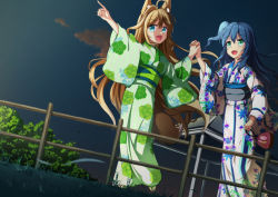 Rule 34 | 2girls, ahoge, animal ear fluff, animal ears, blue hair, brown hair, commentary request, floral print, fox ears, fox girl, fox tail, green eyes, green kimono, holding hands, hand up, holding, interlocked fingers, japanese clothes, kimono, leaf print, long hair, long sleeves, multiple girls, obi, one side up, original, outdoors, outstretched arm, pointing, print kimono, railing, sash, single hair intake, standing, standing on one leg, sunrise, tail, tsuyukina fuzuki, very long hair, white kimono, wide sleeves, yukata