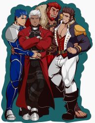 Rule 34 | 4boys, absurdres, archer (fate), beard, blue eyes, blue hair, boots, brown hair, cape, cu chulainn (fate), dark skin, earrings, epaulettes, facial hair, fate/grand order, fate (series), hand on another&#039;s shoulder, highres, iskandar (fate), jewelry, k0utato, cu chulainn (fate/stay night), large pectorals, long sideburns, long sleeves, looking at viewer, male focus, multiple boys, napoleon bonaparte (fate), pectorals, ponytail, red eyes, red hair, scar, smile, thighs, uniform, white hair