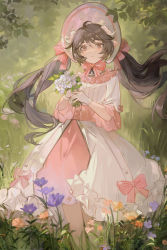 Rule 34 | 1girl, alternate hairstyle, ambience synesthesia, animal ears, arknights, blue flower, bonnet, bouquet, bow, brown eyes, brown hair, commentary, corset, dress, dress bow, english commentary, ergouzi echo, eyjafjalla (arknights), feet out of frame, flower, forest, gloves, grass, hat, hat ribbon, highres, holding, holding bouquet, horns, lolita fashion, long hair, looking at viewer, nature, official alternate costume, orange flower, parted lips, pink bow, pink dress, ribbon, sheep ears, sheep girl, sheep horns, sleeves past elbows, solo, twintails, two-tone dress, white dress, white flower, white gloves