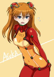 Rule 34 | 1girl, arms behind back, ass, blue eyes, blush, bodysuit, breasts, brown hair, chan co, character name, embarrassed, evangelion: 2.0 you can (not) advance, hair between eyes, interface headset, lips, long hair, looking at viewer, medium breasts, neon genesis evangelion, pilot suit, plugsuit, rebuild of evangelion, red bodysuit, see-through, see-through bodysuit, simple background, solo, souryuu asuka langley, test plugsuit, tsundere, two side up, very long hair