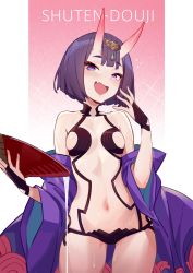 Rule 34 | 1girl, alcohol, bare shoulders, bob cut, breasts, bridal gauntlets, character name, collarbone, cup, eyeliner, fang, fate/grand order, fate (series), forehead jewel, gradient background, hand up, headpiece, highres, hip focus, horns, japanese clothes, jinyuan712, kimono, makeup, navel, off shoulder, oni, open clothes, open kimono, open mouth, pink background, pouring, purple eyes, purple hair, purple kimono, revealing clothes, sakazuki, sake, short eyebrows, short hair, shuten douji (fate), skin-covered horns, small breasts, smile, solo, sparkle, wide sleeves