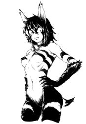 Rule 34 | 1girl, animal ears, black hair, breasts, claws, covered erect nipples, fangs, furry, goat legs, highres, hooves, monochrome, monster girl, neck bell, no nose, one-punch man, red eyes, single fang, tail