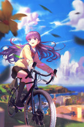 Rule 34 | absurdres, alternate costume, backpack, bag, bicycle, blue sky, braid, building, cloud, commission, commissioner upload, contemporary, fire emblem, fire emblem: the binding blade, flower, french braid, highres, huge filesize, nintendo, open mouth, purple eyes, purple hair, school uniform, skirt, sky, smile, solo, sophia (fire emblem), truong.tong01, water