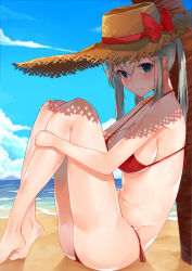 Rule 34 | 10s, 1girl, alternate costume, ass, bare arms, bare legs, beach, bikini, blonde hair, blue eyes, blush, breast press, breasts, cloud, day, from side, graf zeppelin (kancolle), hair between eyes, hat, highres, hugging own legs, kantai collection, large breasts, legs, long hair, looking at viewer, mhong, outdoors, red bikini, shiny skin, side-tie bikini bottom, sideboob, sky, solo, stomach, straw hat, swimsuit, thighs, tree, under tree, underboob