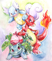 Rule 34 | blue eyes, charmeleon, claws, clenched teeth, creatures (company), evolution, fangs, fire, flame-tipped tail, full body, game freak, gen 1 pokemon, ivysaur, kuitsuku, looking at viewer, nintendo, no humans, open mouth, painting (medium), pokemon, pokemon (creature), poking, red eyes, standing, starter pokemon trio, teeth, traditional media, wartortle, watercolor (medium)