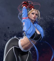 Rule 34 | 1girl, 3d, abs, absurdres, antenna hair, blonde hair, blue eyes, blue jacket, breasts, cammy stretch (meme), cammy white, cleavage, highres, jacket, large breasts, lips, long sleeves, meme, midriff, navel, pants, popogori, solo, sports bra, stomach, street fighter, street fighter 6, stretching, thick thighs, thighs, tight clothes, tight pants, toned, yoga pants