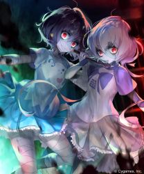 Rule 34 | 2girls, bandages, bandaged arm, bandaged head, bandaged leg, bandages, black hair, blue skirt, flower, grey skirt, hair flower, hair ornament, highres, holding, holding microphone, irua, konno junko, locked arms, looking at viewer, microphone, mizuno ai, multiple girls, red eyes, short hair with long locks, silver hair, skirt, stitches, twintails, zombie, zombie land saga