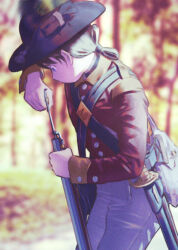 Rule 34 | 1girl, american revolution, antique firearm, axe, bag, belt, bent over, blue eyes, blurry, blurry background, brown hair, commentary, film grain, firearm, firelock, flintlock, folded ponytail, gun, hat, hat feather, highres, karasumi (sumizono), looking to the side, military, military uniform, original, ramrod, reloading, scabbard, sheath, shoulder bag, slouch hat, soldier, solo, sword, tree, uniform, united kingdom, weapon