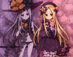 Rule 34 | 2girls, abigail williams (fate), abigail williams (third ascension) (fate), black bow, black dress, black gloves, black hat, black panties, blonde hair, bloomers, blue eyes, bow, bug, butterfly, character name, closed mouth, commentary request, dress, dual persona, elbow gloves, fate/grand order, fate (series), forehead, gloves, grey hair, groin, hair bow, hat, head tilt, holding, holding key, hugging object, insect, key, keyhole, long hair, long sleeves, looking at viewer, multiple girls, navel, orange bow, oversized object, pale skin, panties, parted bangs, polka dot, polka dot bow, red eyes, revealing clothes, sleeves past fingers, sleeves past wrists, star (symbol), stuffed animal, stuffed toy, suction cups, teddy bear, tentacles, underwear, very long hair, white bloomers, yo-cchi