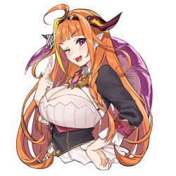 Rule 34 | 1girl, ahoge, bow, braid, breasts, censored, censored gesture, cleavage, cleavage cutout, clothing cutout, diagonal-striped bow, dragon girl, dragon horns, dragon tail, fang, hairband, hololive, horns, kiryu coco, kiryu coco (1st costume), large breasts, long hair, looking at viewer, masami chie, middle finger, mosaic censoring, multicolored hair, one eye closed, open mouth, orange hair, pointy ears, purple eyes, side braid, sidelocks, simple background, skin fang, smile, solo, streaked hair, tail, virtual youtuber, white background