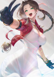 Rule 34 | 1girl, aerith gainsborough, black gloves, blush, bow, bracelet, braid, breasts, brown hair, cleavage, cropped jacket, dress, final fantasy, final fantasy vii, final fantasy vii remake, gloves, green eyes, hair bow, hair intakes, highres, imizu (nitro unknown), jacket, jewelry, large breasts, light rays, long dress, long hair, looking at viewer, necklace, open clothes, open jacket, open mouth, outstretched arm, parted bangs, pink bow, pink dress, red jacket, short sleeves, smile, solo, staff, v