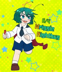 Rule 34 | 1girl, androgynous, antennae, black cape, blue eyes, blue shorts, blush, brown footwear, cape, collared shirt, commentary request, dated, full body, green background, green hair, highres, kukino esuna, long sleeves, looking to the side, open mouth, red cape, relay baton, running, shirt, shoes, short hair, shorts, smile, socks, solo, star (symbol), touhou, two-sided cape, two-sided fabric, white shirt, white socks, wriggle day, wriggle nightbug