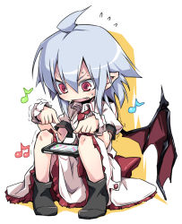 Rule 34 | 1girl, ahoge, bat wings, beamed quavers, between legs, blue hair, cellphone, commentary request, dress, fang, flying sweatdrops, musical note, noya makoto, open mouth, phone, pink eyes, pointy ears, puffy short sleeves, puffy sleeves, quaver, remilia scarlet, ringed eyes, short sleeves, sitting, smartphone, solo, sweat, touhou, trembling, white dress, wings