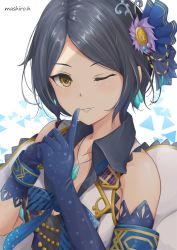 Rule 34 | 10s, 1girl, bare shoulders, black hair, blush, breasts, commentary request, earrings, elbow gloves, finger to mouth, flower, gloves, hair flower, hair ornament, hayami kanade, highres, idolmaster, idolmaster cinderella girls, idolmaster cinderella girls starlight stage, jewelry, looking at viewer, medium breasts, multiple girls, one eye closed, parted bangs, short hair, shushing, smile, solo, takumin (takumi415), yellow eyes