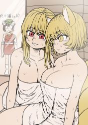 Rule 34 | 3girls, :3, absurdres, animal ears, blonde hair, breasts, cat ears, chanta (ayatakaoisii), chen, cleaveage, constricted pupils, earrings, expressionless, fox ears, fox tail, green headwear, grin, highres, hip focus, indoors, jewelry, large breasts, long hair, long sleeves, looking afar, looking at another, looking down, looking inside, looking past viewer, mafia city, multiple girls, multiple tails, naked towel, red skirt, red vest, shirt, short hair, sidelocks, single earring, sitting, skirt, skirt set, sleeves rolled up, smile, standing, steam, steam room, sweat, tail, thighs, touhou, towel, vest, white legwear, white shirt, yakumo ran, yakumo yukari