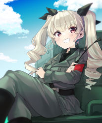 Rule 34 | 1girl, anchovy (girls und panzer), anzio military uniform, belt, black belt, black necktie, black ribbon, black shirt, blouse, blue sky, boots, carro armato p40, cloud, cloudy sky, commentary, crossed arms, crossed legs, day, dress shirt, drill hair, girls und panzer, green hair, grey jacket, grey pants, grin, hair ribbon, highres, jacket, knee boots, long hair, long sleeves, looking at viewer, military, military uniform, military vehicle, motor vehicle, necktie, on vehicle, outdoors, pants, pants tucked in, red eyes, ribbon, riding crop, sam browne belt, shirt, sitting, sky, smile, solo, tank, twin drills, twintails, uniform, wing collar, yunekoko