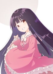 Rule 34 | 1girl, absurdly long hair, black hair, bow, bowtie, brown eyes, dress, frilled sleeves, frills, from side, grey background, grin, head tilt, highres, houraisan kaguya, kanpa (campagne 9), long hair, looking at viewer, pink dress, sidelocks, simple background, sleeves past wrists, smile, solo, standing, touhou, two-tone background, upper body, very long hair, white background, white bow, white bowtie, wide sleeves