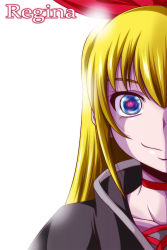 Rule 34 | 1girl, blonde hair, blue eyes, character name, choker, dokidoki! precure, english text, eyelashes, hair ornament, hair ribbon, highres, jacket, long hair, looking at viewer, nishi koutarou, out of frame, portrait, precure, red eyes, red ribbon, regina (dokidoki! precure), ribbon, simple background, smile, solo, white background