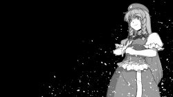 Rule 34 | 1girl, black background, bow, braid, closed mouth, commentary request, cowboy shot, greyscale, hair bow, hat, highres, hong meiling, long hair, looking at viewer, monochrome, negative space, puffy short sleeves, puffy sleeves, short sleeves, side braid, skirt, solo, star (symbol), sunatoshi, touhou, twin braids, very long hair
