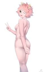 Rule 34 | 10s, 1girl, ;p, arm behind back, ashido mina, ass, back, bad id, bad pixiv id, black sclera, boku no hero academia, breasts, colored sclera, colored skin, completely nude, cowboy shot, dated, drawrepulser, from behind, hand up, highres, horns, kneepits, looking at viewer, looking back, medium breasts, messy hair, nude, one eye closed, pink hair, pink skin, short hair, shoulder blades, signature, simple background, solo, tongue, tongue out, v, walking, white background, yellow eyes