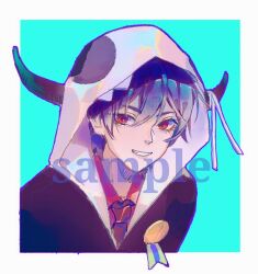 Rule 34 | 1boy, animal hood, bishounen, black hair, black horns, black jacket, black necktie, black sleeves, blue background, border, character request, chinese commentary, collared shirt, commentary request, copyright request, eyelashes, grin, hair between eyes, hood, hood up, hooded jacket, horn ornament, horn ribbon, horns, jacket, long sleeves, looking at viewer, male focus, medal, necktie, ox horns, red eyes, red shirt, ribbon, sample watermark, sharp teeth, shirt, short hair, simple background, smile, solo, teeth, upper body, v-neck, watermark, white border, white hood, white ribbon, yanmian (printemps-noir)